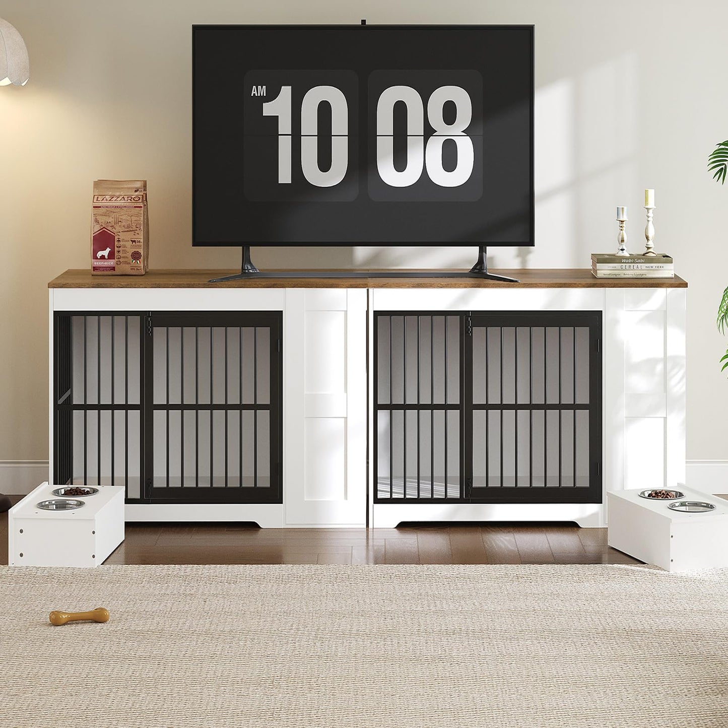 HOOBRO 47.2”  Wooden Dog Crate Furniture with Storage Shelf and Feeding Bowls