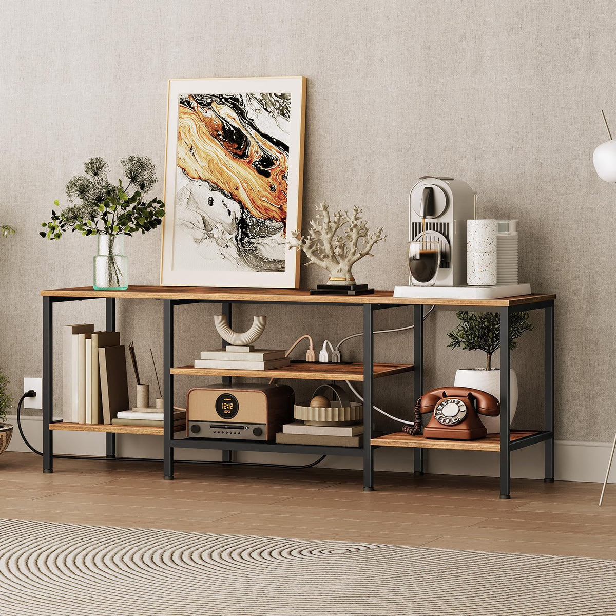 HOOBRO TV Stand with Power Outlets to 65 Inches, TV Console Table with Open Storage Shelves, Industrial Media Entertainment Center for Living Room Bedroom, Rustic Brown and Black BF40DS01