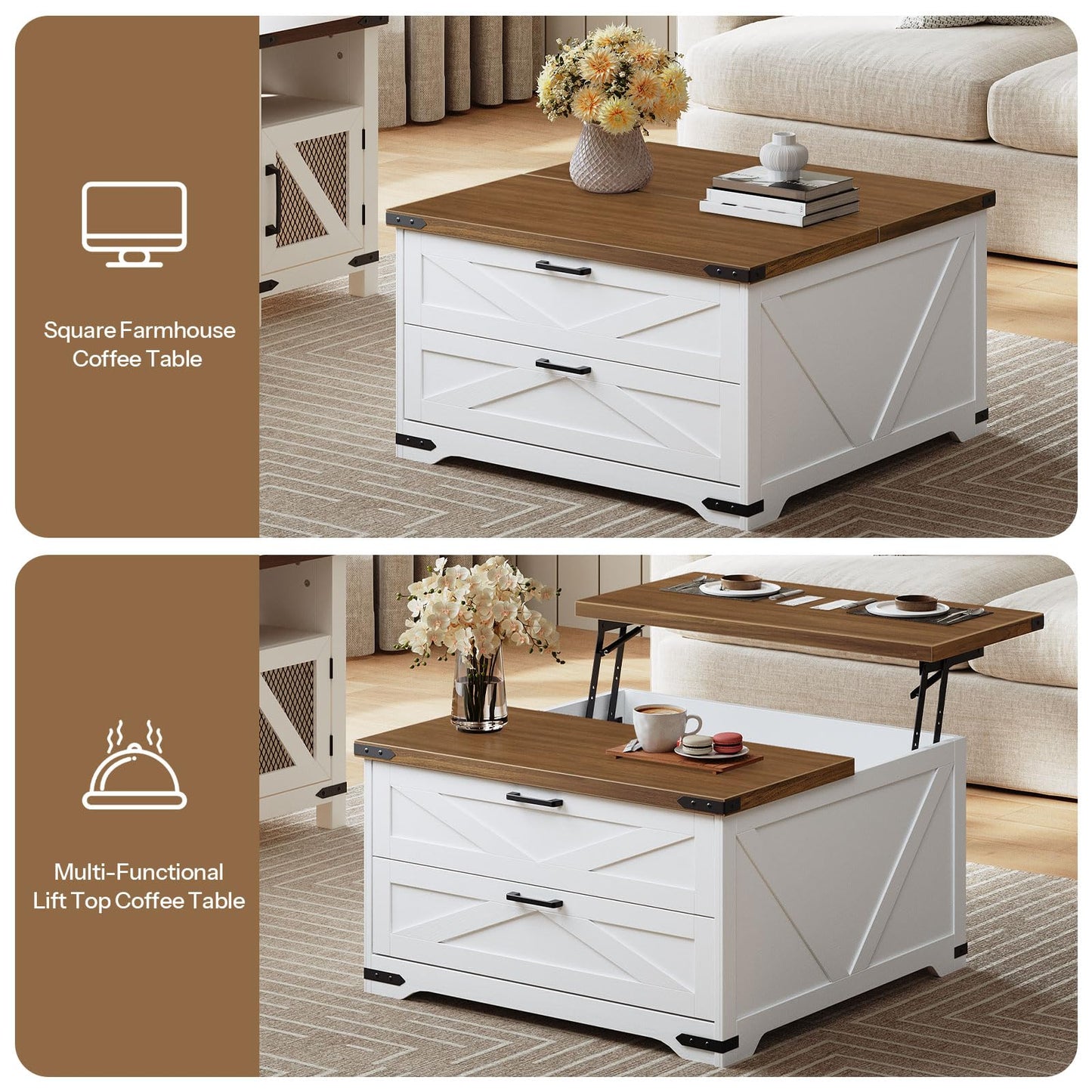 Square Farmhouse Coffee Table with lift top feature in a living room setting