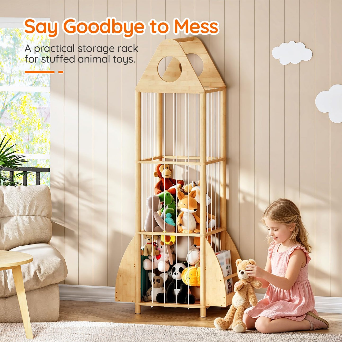 HOOBRO Stuffed Animal Storage, Bamboo Stuffed Animal Organizer with Elastic Cords and Side Bookshelf, Stuffed Animal Holder for Kids' Room, Playroom, Bedroom, Living Room, Nursery, Natural YL67CW01