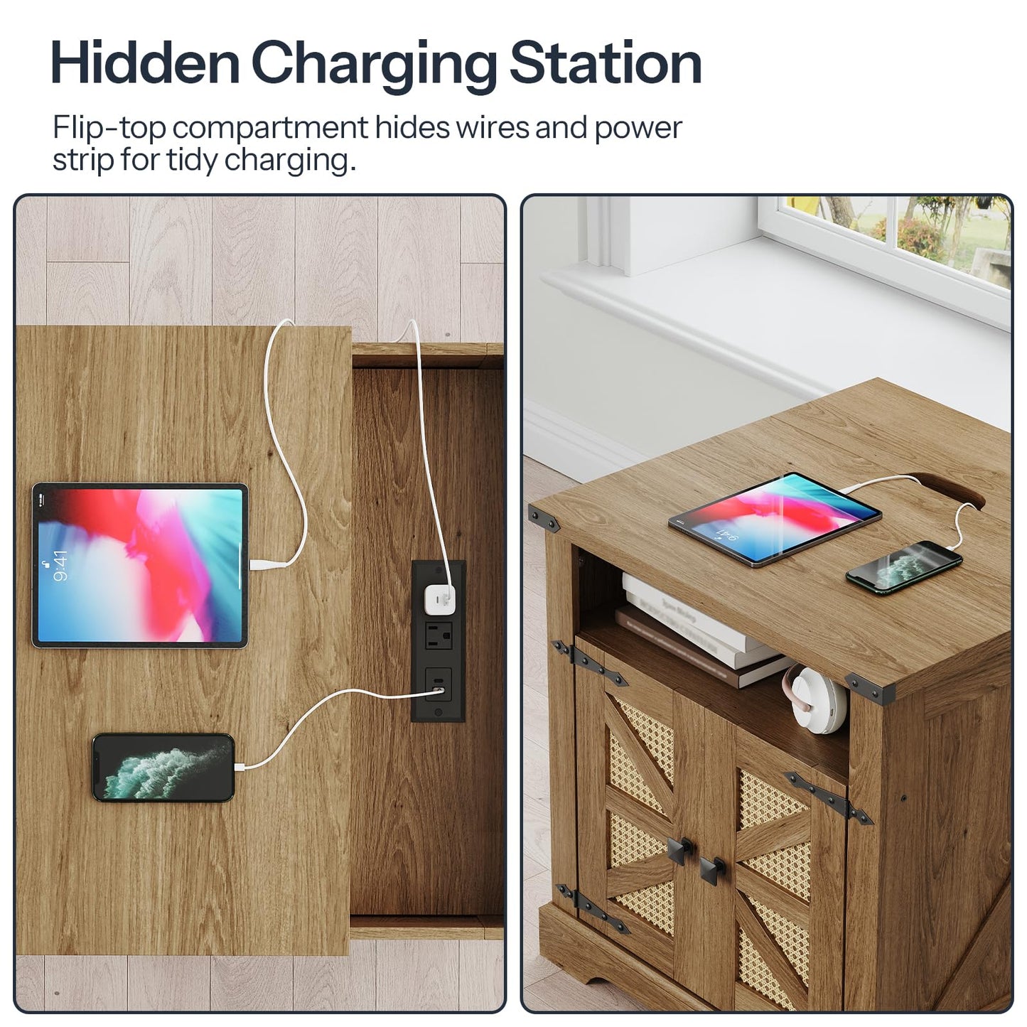 HOOBRO Farmhouse 23.6" Large End Table & Nightstand with Charging Station