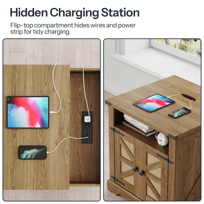 HOOBRO Farmhouse 23.6" Large End Table & Nightstand with Charging Station