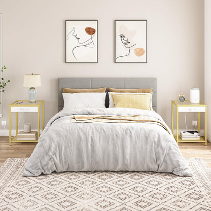 HOOBRO Gold Modern Metal Frame Tempered Glass Desktop Side Table with USB Port & Charging Station / 2PICS