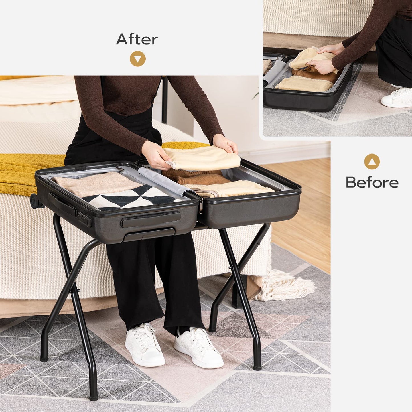 HOOBRO Metal Foldable Luggage Stand with C-Shaped Side Table