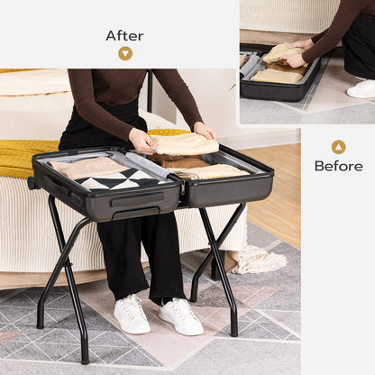 HOOBRO Metal Foldable Luggage Stand with C-Shaped Side Table