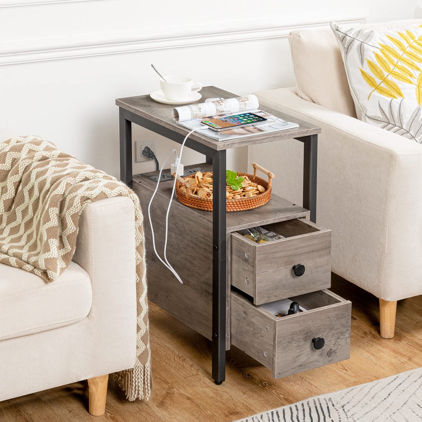 Side table with drawers in a living room setting