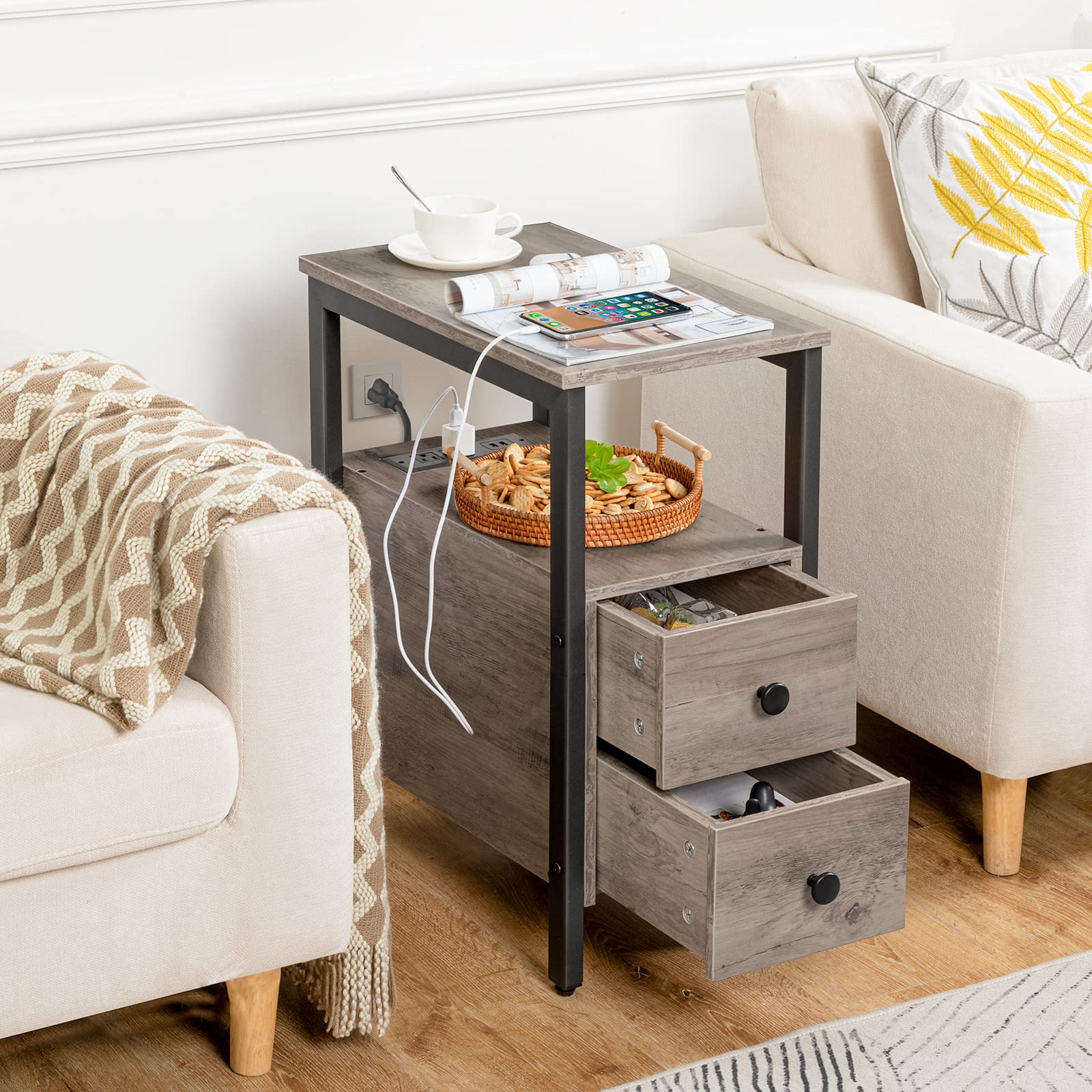 Side table with drawers in a living room setting