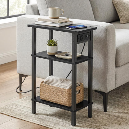 HOOBRO Narrow Side Table, 3-Tier Slim End Table with Charging Station, Skinny Nightstand with Open Storage, for Small Spaces, Living Room, Bedroom, Study, Rustic Brown and Black BB340UBZ01