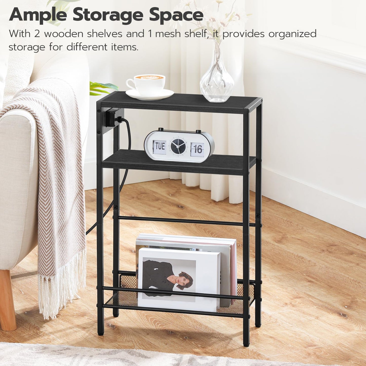HOOBRO Small Narrow Side Table with Charging Station Set of 2, Skinny End Table for Small Spaces, Slim Nightstand with USB Ports Outlet, Sofa Beside Table with Storage Shelf BB102UBZP201