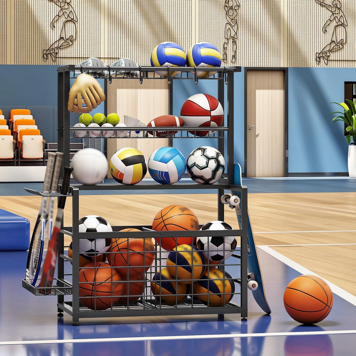 HOOBRO Sports Equipment Organizer & Ball Storage Rack with Hooks & Basket