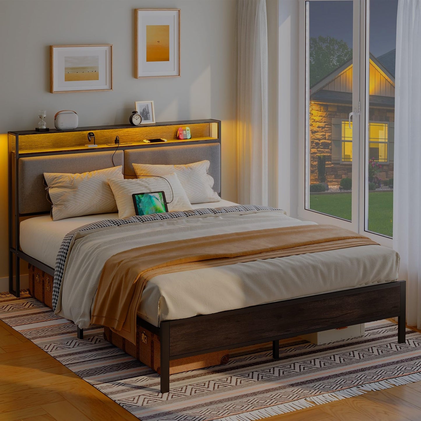 HOOBRO Queen Metal Bed Frame with Storage Headboard & LED Lights