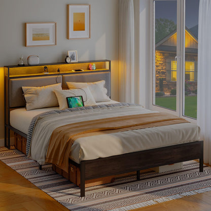 HOOBRO Queen Metal Bed Frame with Storage Headboard & LED Lights