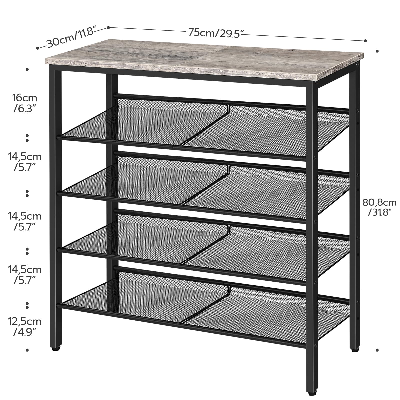 Dimensions of a metal shelving unit with a wooden top