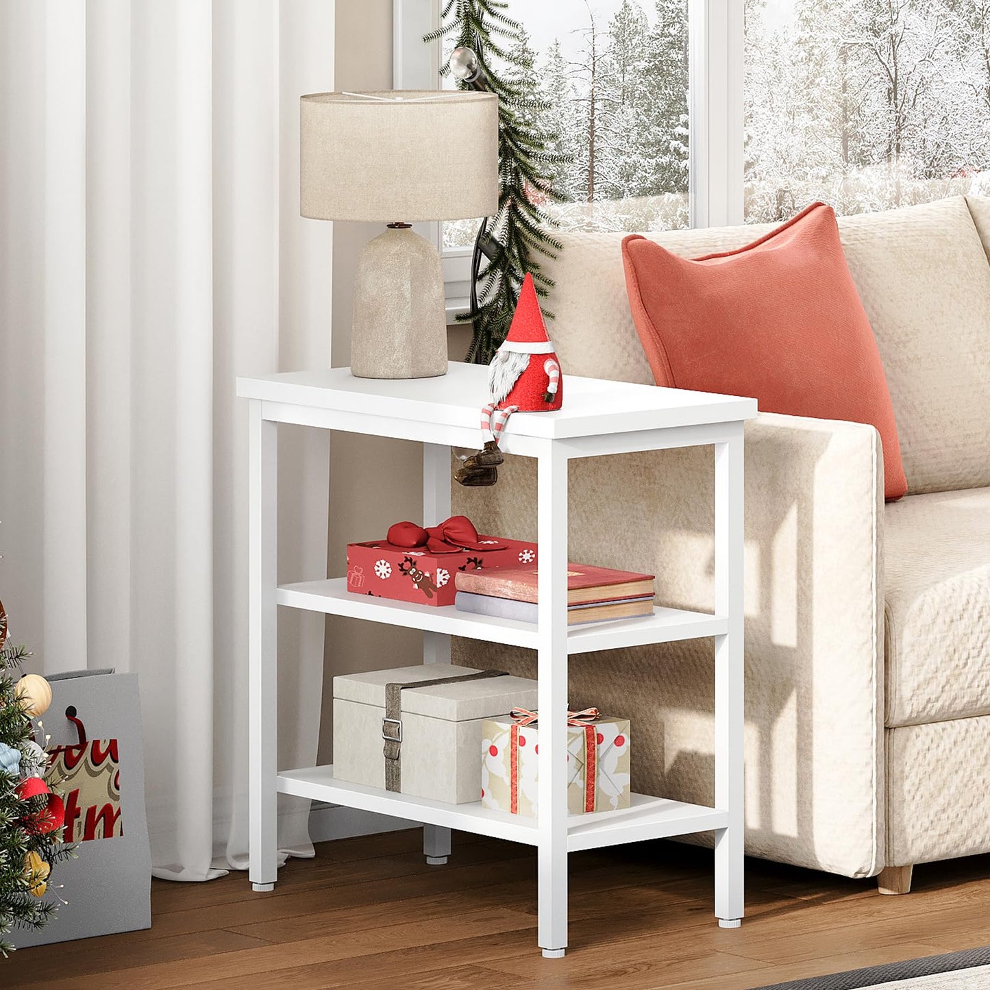 HOOBRO End Table, Simple Rustic Side Table with 3-Tier Storage Shelf, Narrow Nightstand for Small Spaces, Easy Assembly, for Living Room, Bedroom, Industrial Design, White WT14BZ01