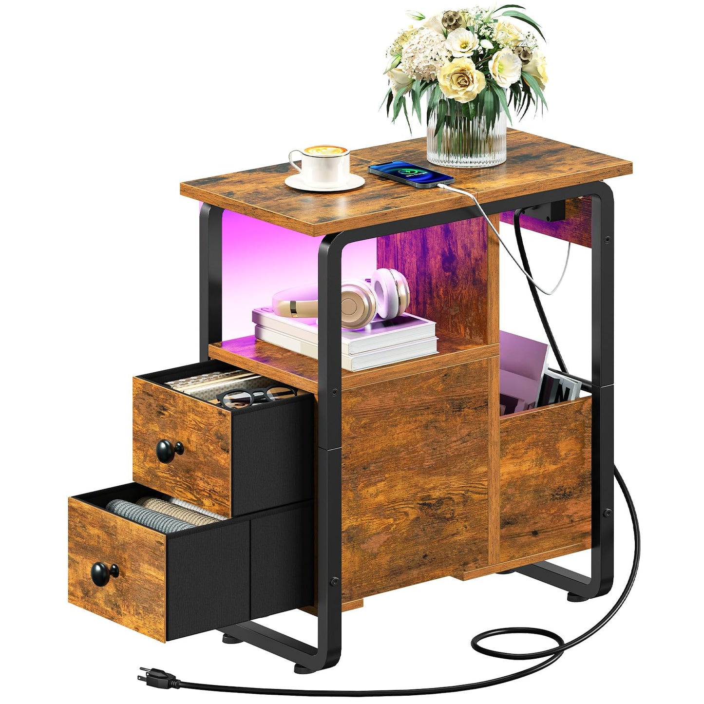 HOOBRO Narrow Nightstand with Charging Station & LED Lights, Narrow Side Table with Fabric Drawer, Open Shelves, Slim End Table for Living Room, Bedroom, Rustic Brown and Black BF430UDBZ01
