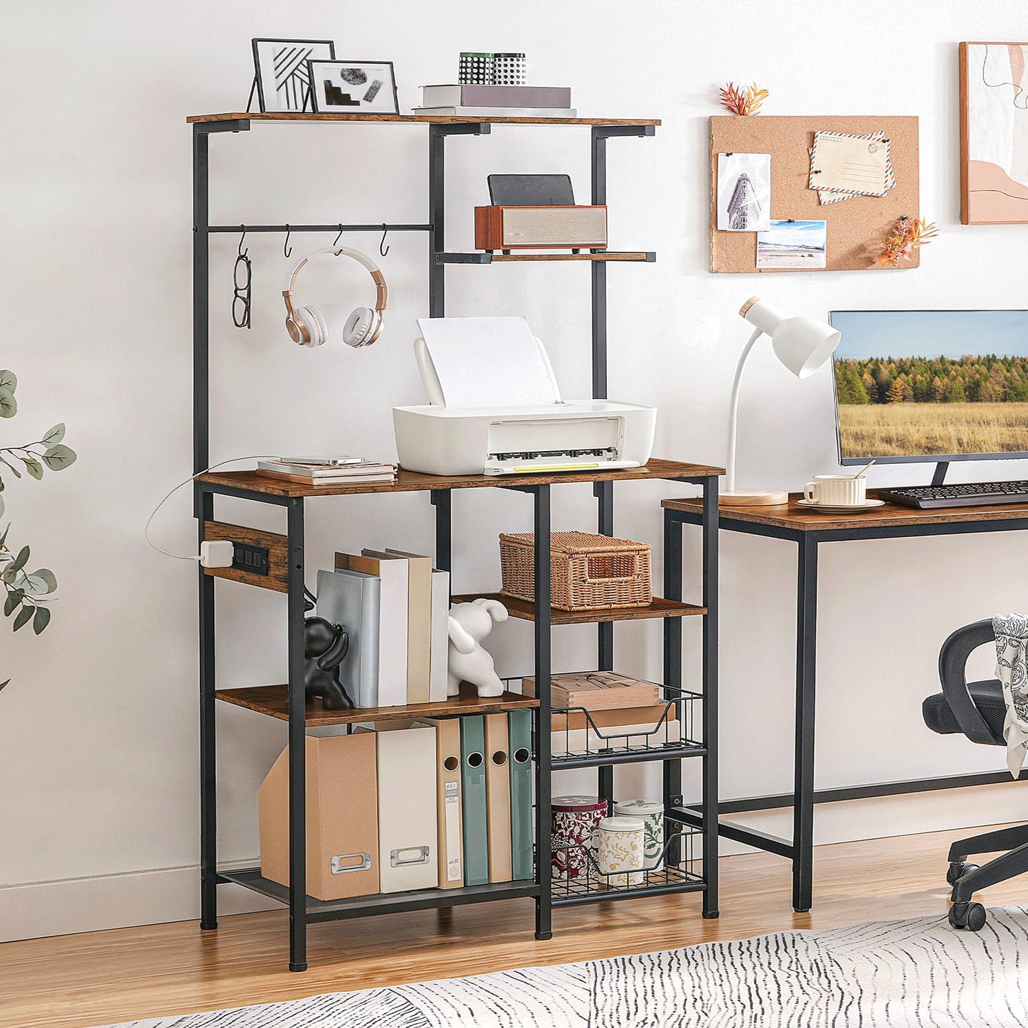 HOOBRO Retro Brown Large Baking Rack with 6-Tier Microwave Oven Rack & 4 Hooks