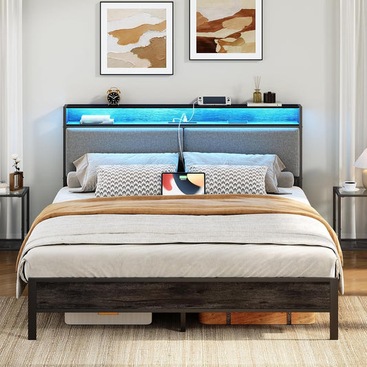 HOOBRO Queen Metal Bed Frame with Storage Headboard & LED Lights