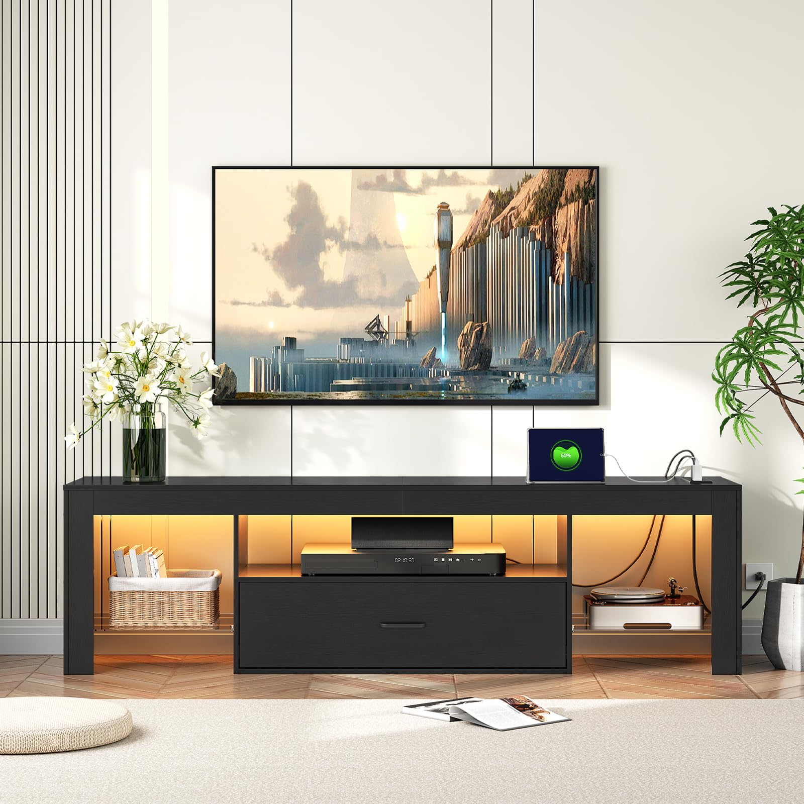 HOOBRO LED TV Stand with Power Outlets for Up to 65″ TVs
