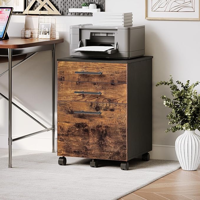 Wooden file cabinet with printer on top in a home office setting