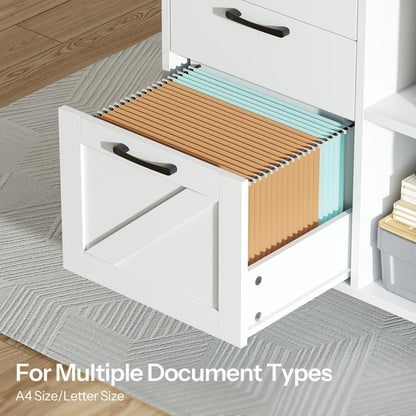 HOOBRO White Farmhouse Style Wooden Side-Pull Filing Cabinet with Charging Station & 3 Drawers & Cabinet Door