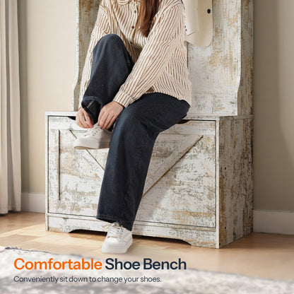 HOOBRO Vintage White Bench with Flip-Top Shoe Cabinet & Coat Rack for Entryways