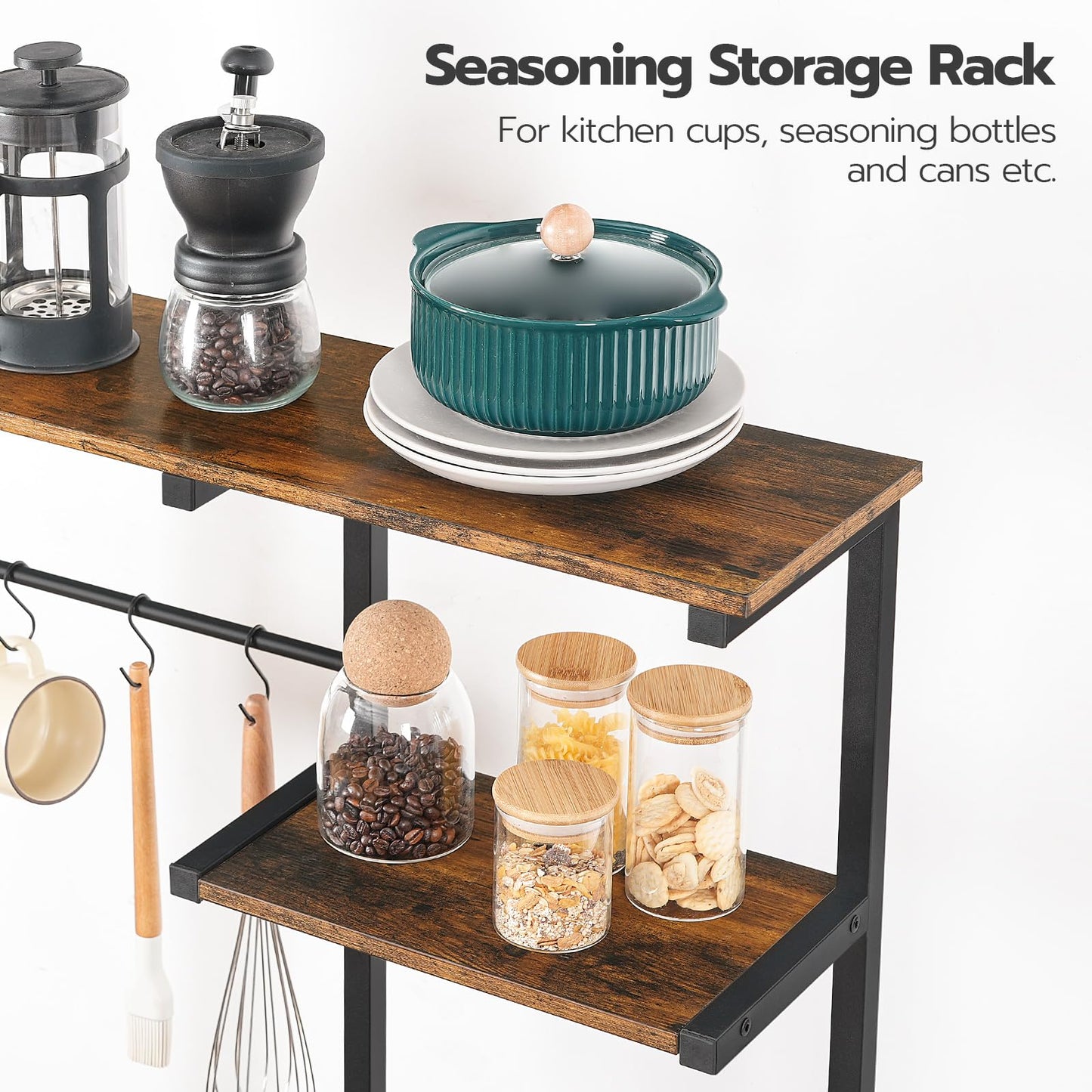 HOOBRO Retro Brown Large Baking Rack with 6-Tier Microwave Oven Rack & 4 Hooks