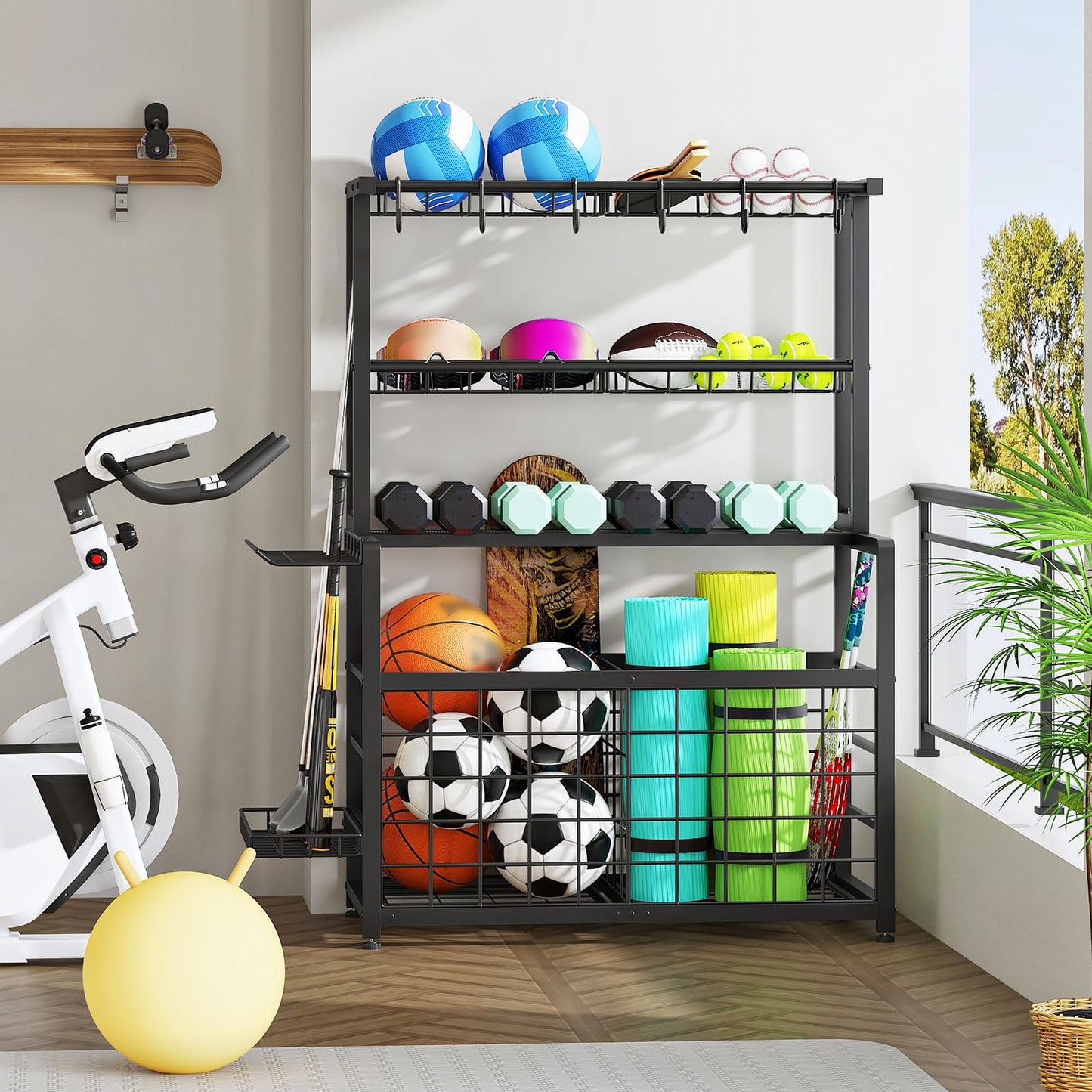 HOOBRO Sports Equipment Organizer & Ball Storage Rack with Hooks & Basket
