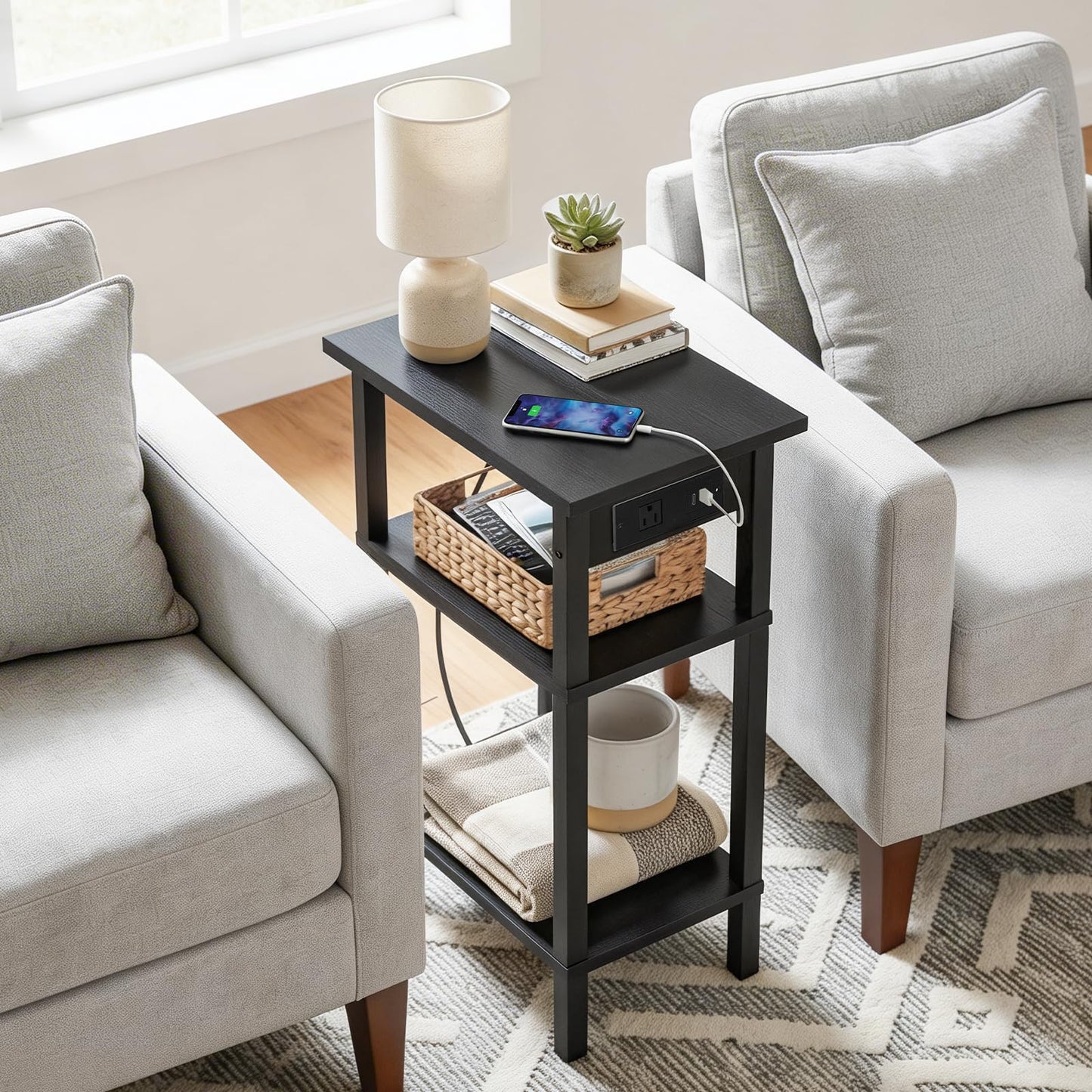 HOOBRO Narrow Side Table, 3-Tier Slim End Table with Charging Station, Skinny Nightstand with Open Storage, for Small Spaces, Living Room, Bedroom, Study, Rustic Brown and Black BB340UBZ01