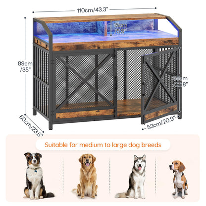 HOOBRO Vintage Brown 43.3-inch Wooden Dog Cage for Extra Large Breeds with LED Light