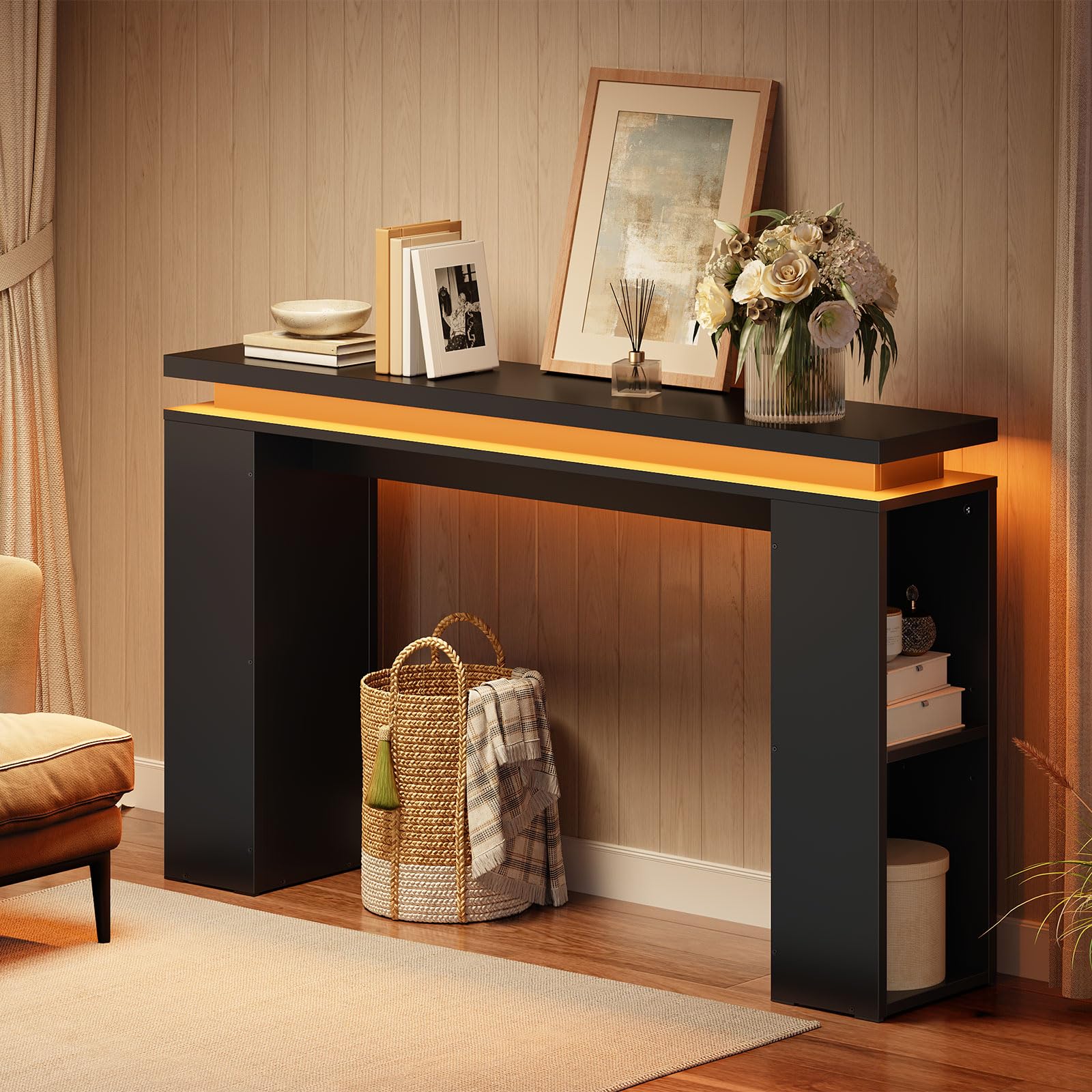 Modern console table with decorative items in a living room setting