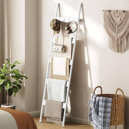 HOOBRO Blanket Ladder, 5-Tier Towel Rack with Hooks, Wall-Leaning Blanket Rack, Decorative Display Ladder Shelf, for Scarves, Industrial, Living Room, Bedroom, White WW52CJ01