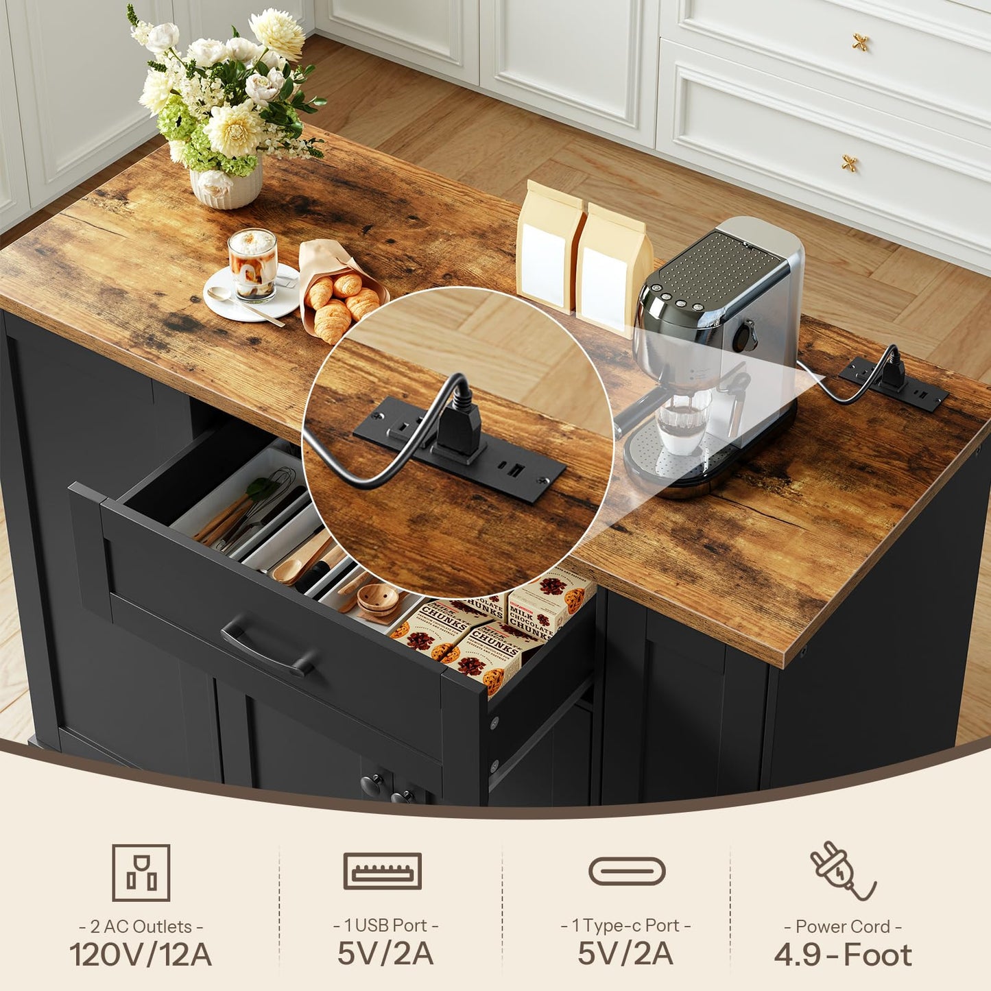 HOOBRO Black Mobile Kitchen Island with Trash Can Storage & Power Outlet & Spice Rack & Drawers