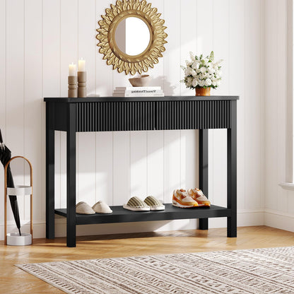 HOOBRO 39.4-inch Black Double-Layer Roughside Table with 2 Drawers & Storage Shelf