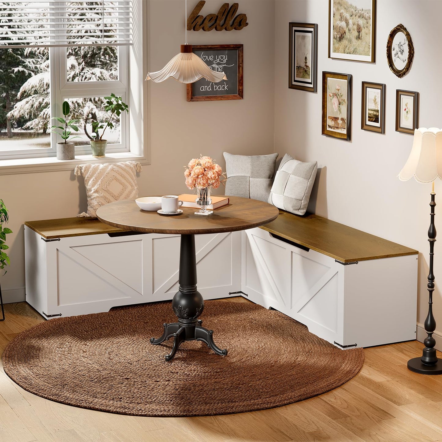 HOOBRO Farmhouse Style L Shape Kitchen Breakfast Nook Bench with 3 Compartments