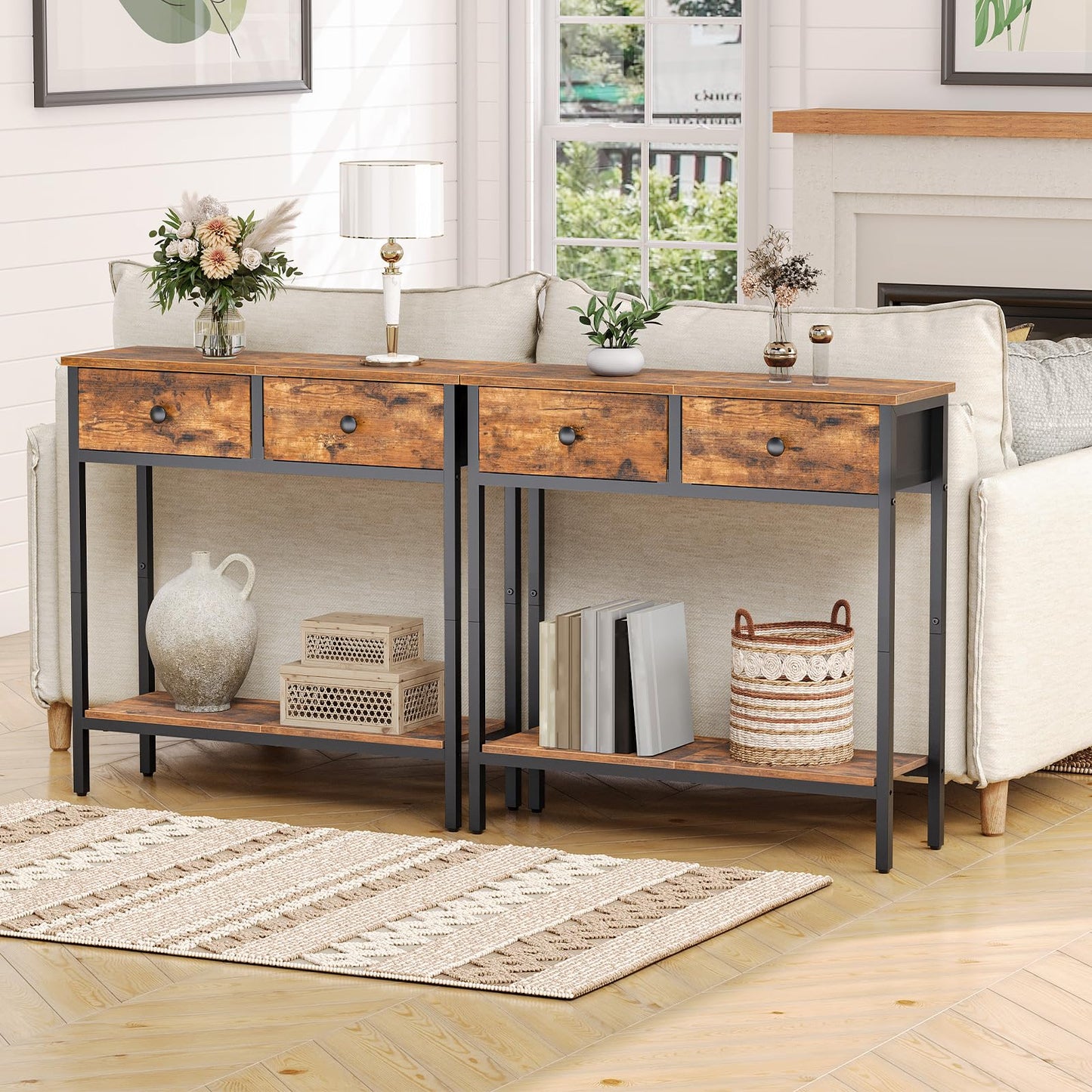 HOOBRO Retro Brown 29.5-inch Narrow Console Table with 2 Fabric Drawers