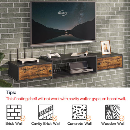 HOOBRO 55" Floating TV Stand with Power Outlet, Modern Wall Mounted Media Console Shelf Cabinet for Under TV Storage, Entertainment Center, Living Room, Bedroom, Rustic Brown and Black BF11DS01