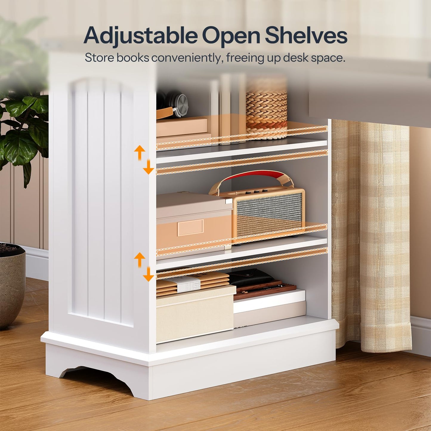 White bookshelf with adjustable open shelves in a room setting.