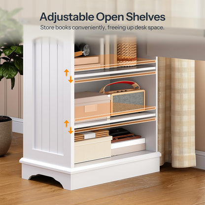 White bookshelf with adjustable open shelves in a room setting.