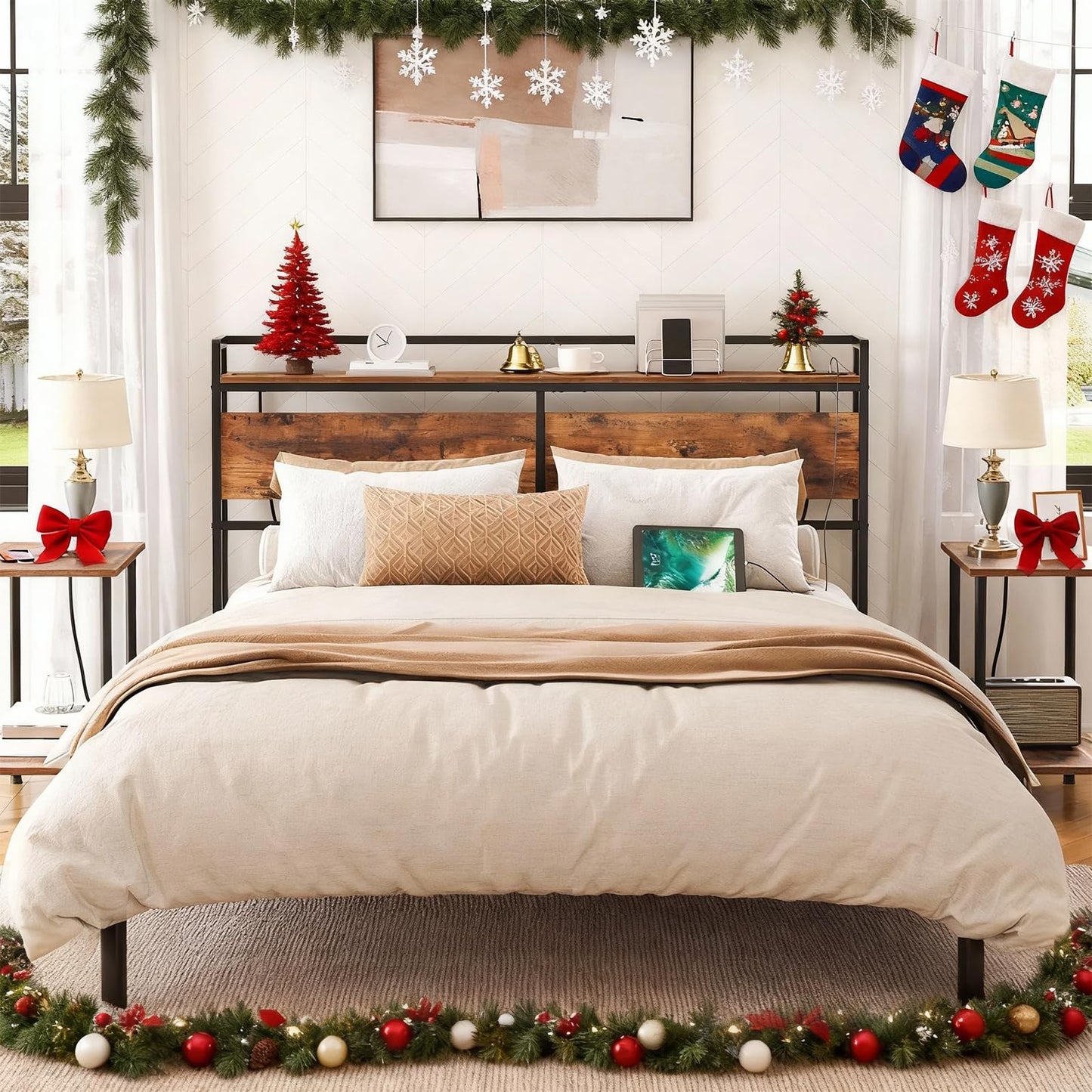 HOOBRO Height-Adjustable Queen Size Headboard with 2 Power Outlets & 4 USB Ports