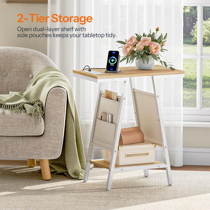 HOOBRO End Table, Skinny Side Table with Storage, Narrow Nightstand with Storage, Fabric Pockets, Narrow End Table for Small Spaces, Living Room, Bedroom, White and Natural WN426UBZ01