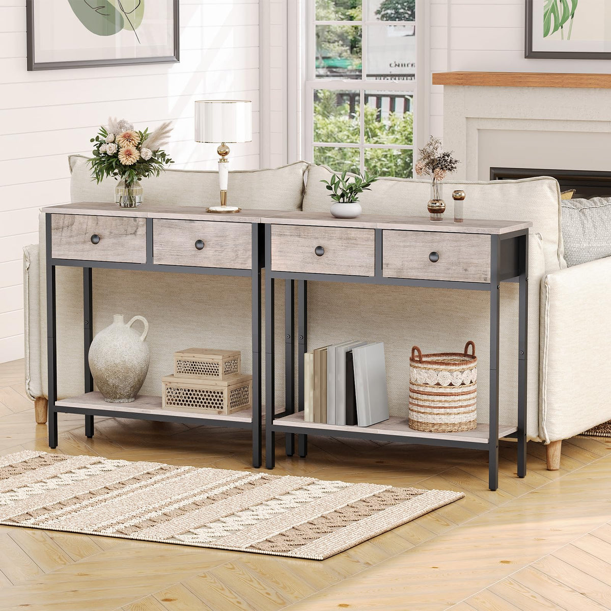 HOOBRO 29.5" Narrow Console Table with 2 Fabric Drawers, Entryway Table