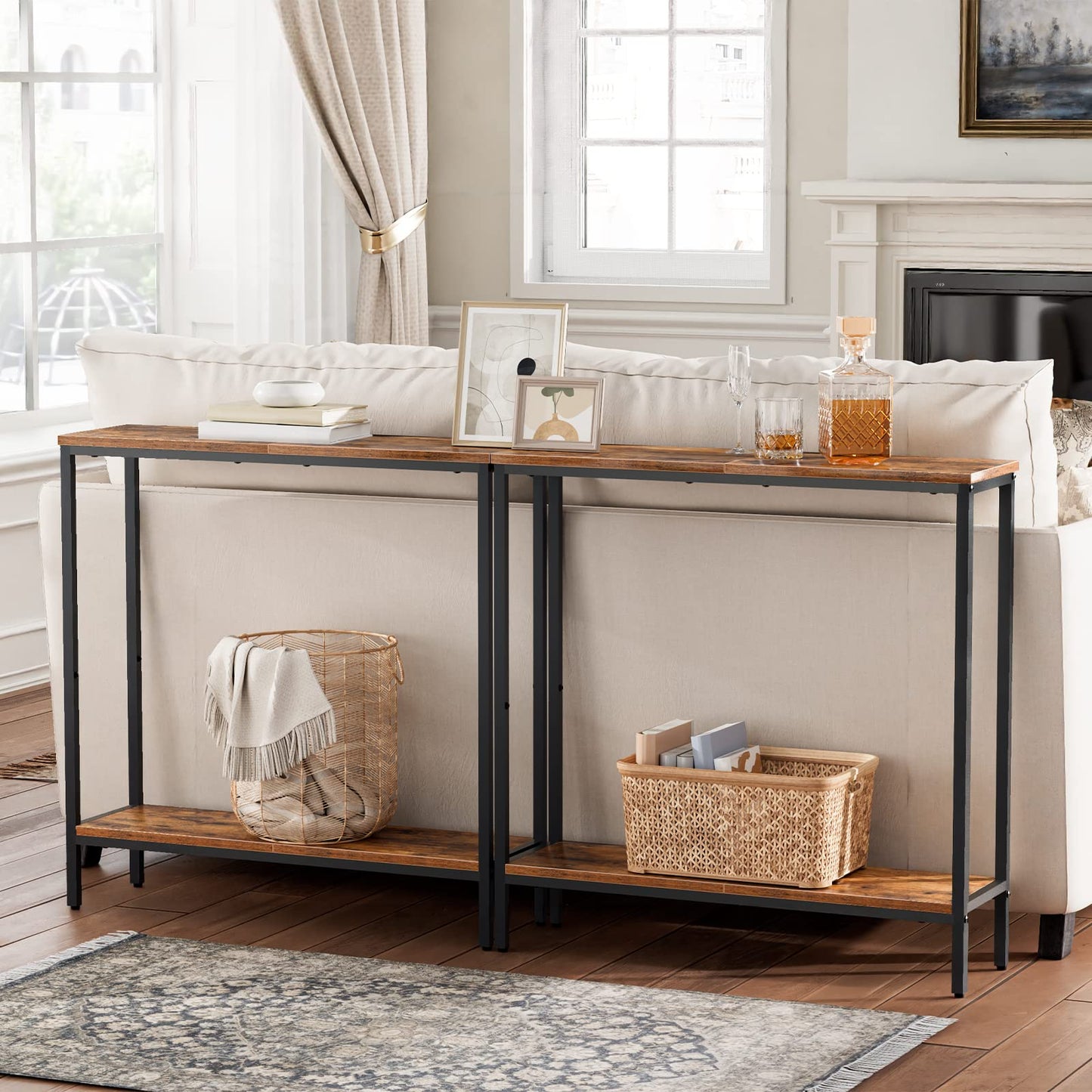 HOOBRO Retro Brown 29.5-inch Long Narrow Console Table with Two-Layer Storage