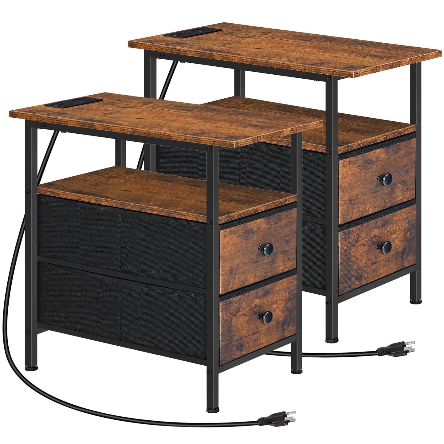 HOOBRO Retro Brown Side Table with Charging Station &Two Non-woven Fabric Drawers / 2PICS