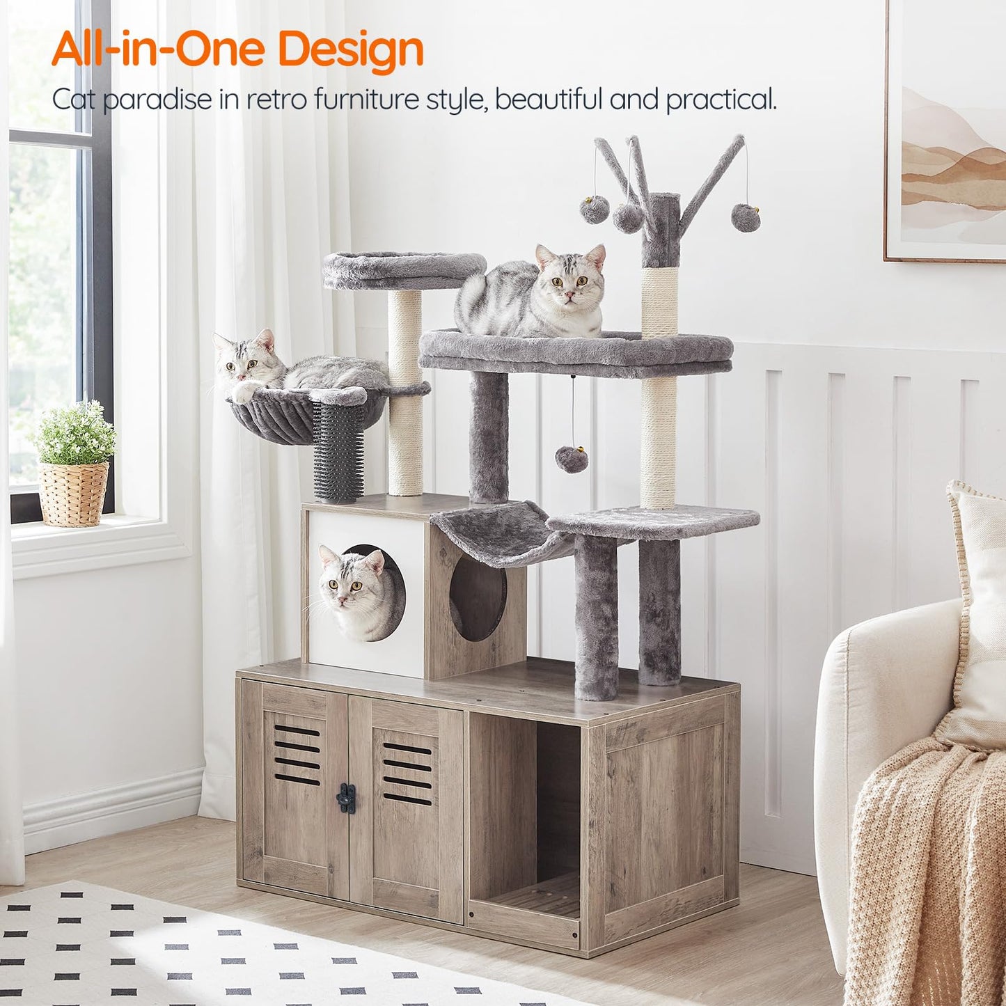 HOOBRO Large Hidden Litter Box Cat Tree with Scratching Posts