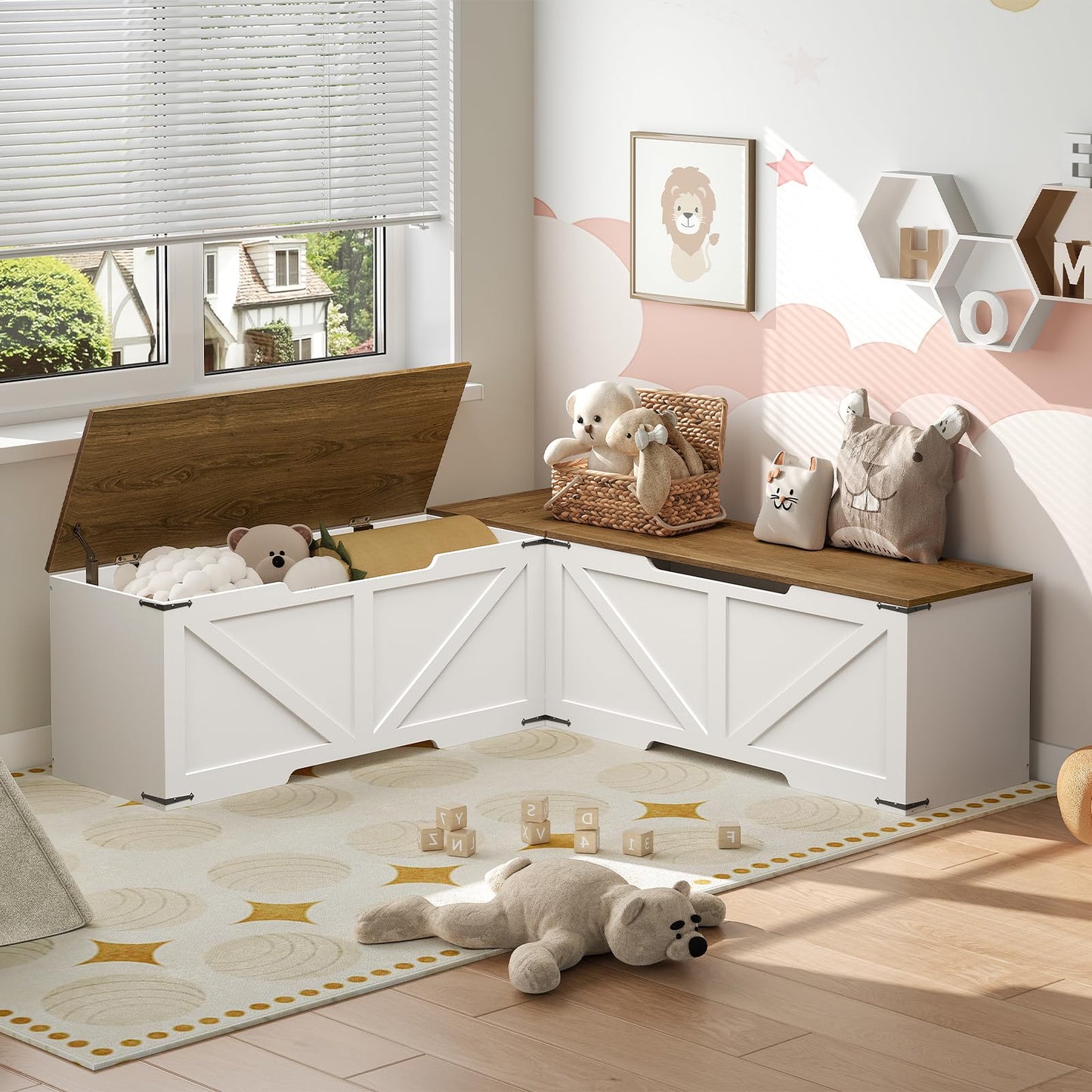 HOOBRO Farmhouse Style L Shape Kitchen Breakfast Nook Bench with 3 Compartments