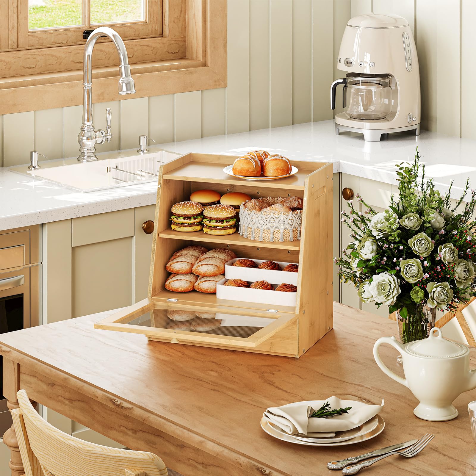 Wooden kitchen island with a pull-out drawer displaying various pastries, next to a coffee maker and flowers.