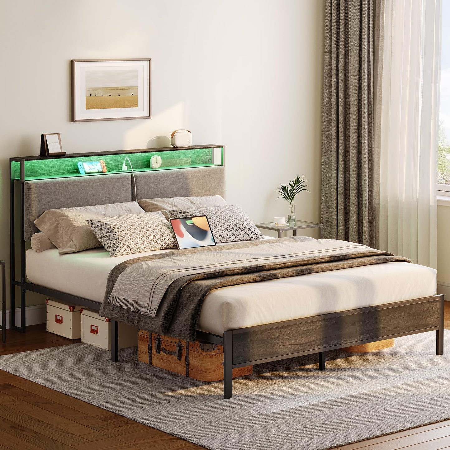 HOOBRO Full Metal Bed Frame with Storage Headboard & LED Lights