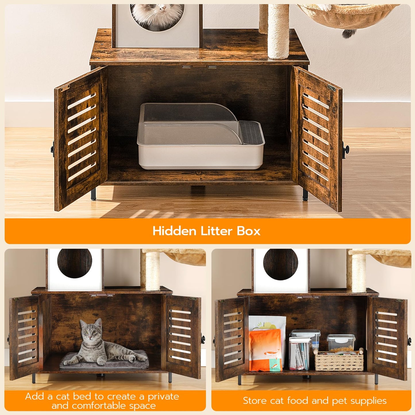 HOOBRO Wooden Cat Tree with Litter Box Enclosure