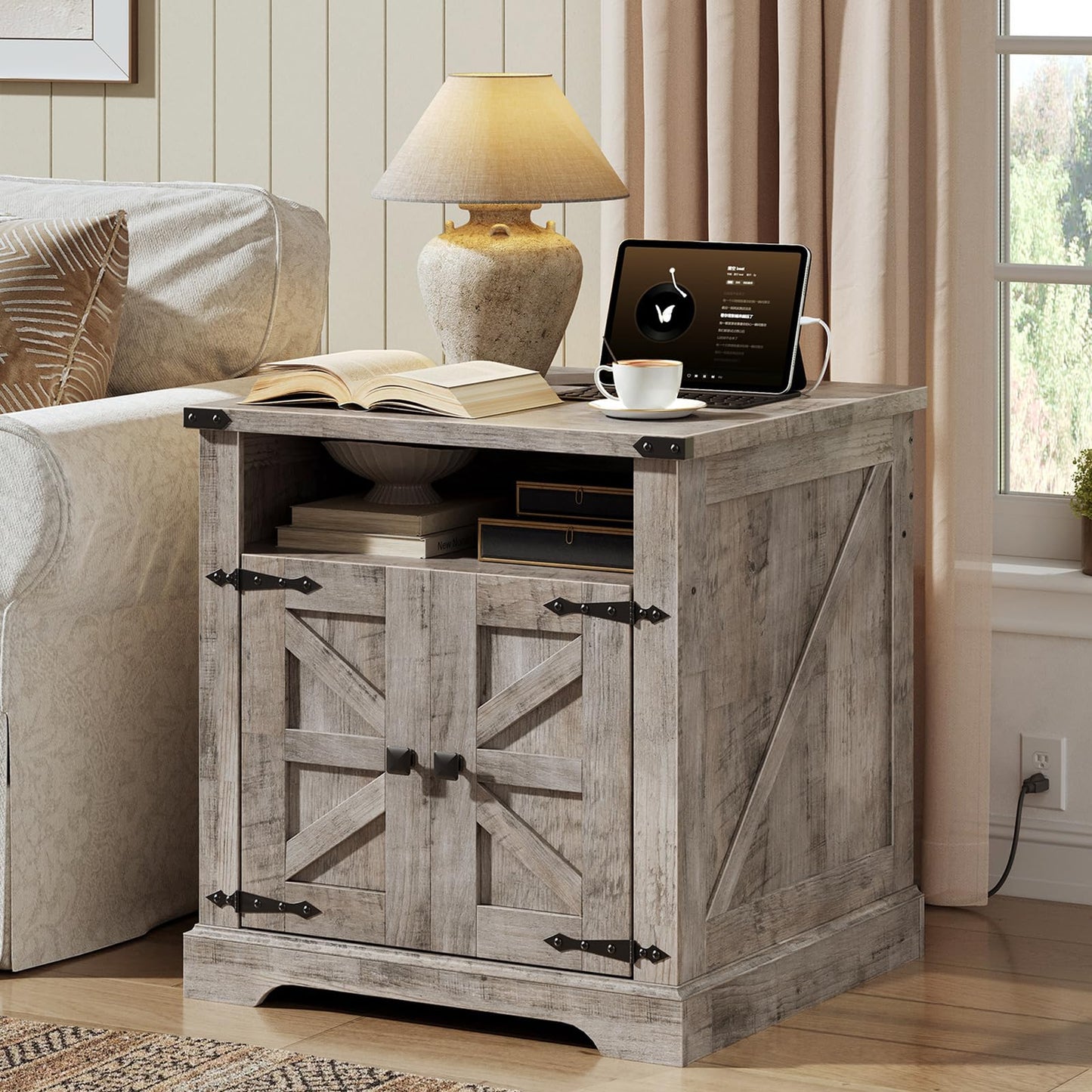 HOOBRO Greige 23.6-inch Large Wooden Square Farmhouse-Style Side Table with Charging Station