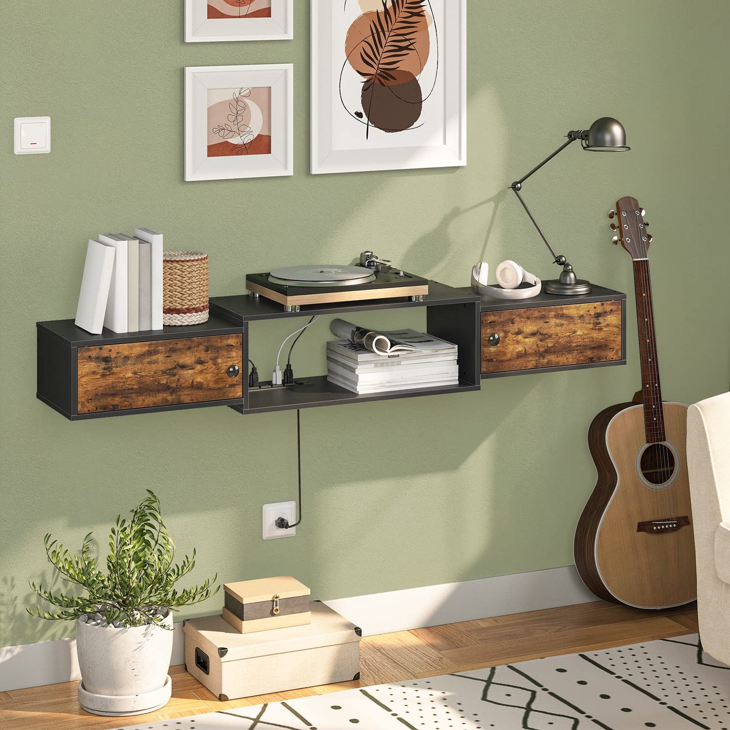 OOBRO Retro Brown 55-inch Floating TV Stand with Power Outlet